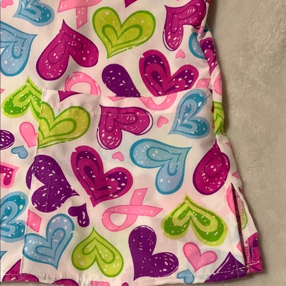 BNWOT Colorful Heart Cancer Rivbon Print Scrub Top by Just Love - Picture 4 of 5